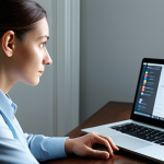 A professional adult, fully clothed in modest business attire, sitting attentively at a desk in a contemporary home office. The person is looking at a laptop screen. Subtle, abstract light patterns and soft color gradients emanate from the screen, subtly swirling around the person's head and shoulders, symbolizing the invisible transfer of digital emotions without being explicit or overwhelming. The person's expression is contemplative, reflecting the absorption of information. The scene is well-lit with soft, professional lighting. Perfect anatomy, correct proportions, natural pose, well-formed hands, proper finger count. Professional photography, high quality, safe for work, appropriate content, family-friendly.