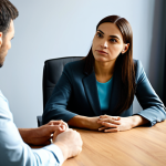 **

"A caring therapist in a professional office setting, fully clothed in modest attire, listening attentively to a client. The scene conveys empathy and support, but remains safe for work. Perfect anatomy, natural proportions, well-formed hands. Soft, natural lighting. Focus on creating a supportive, family-friendly atmosphere. appropriate content"

**