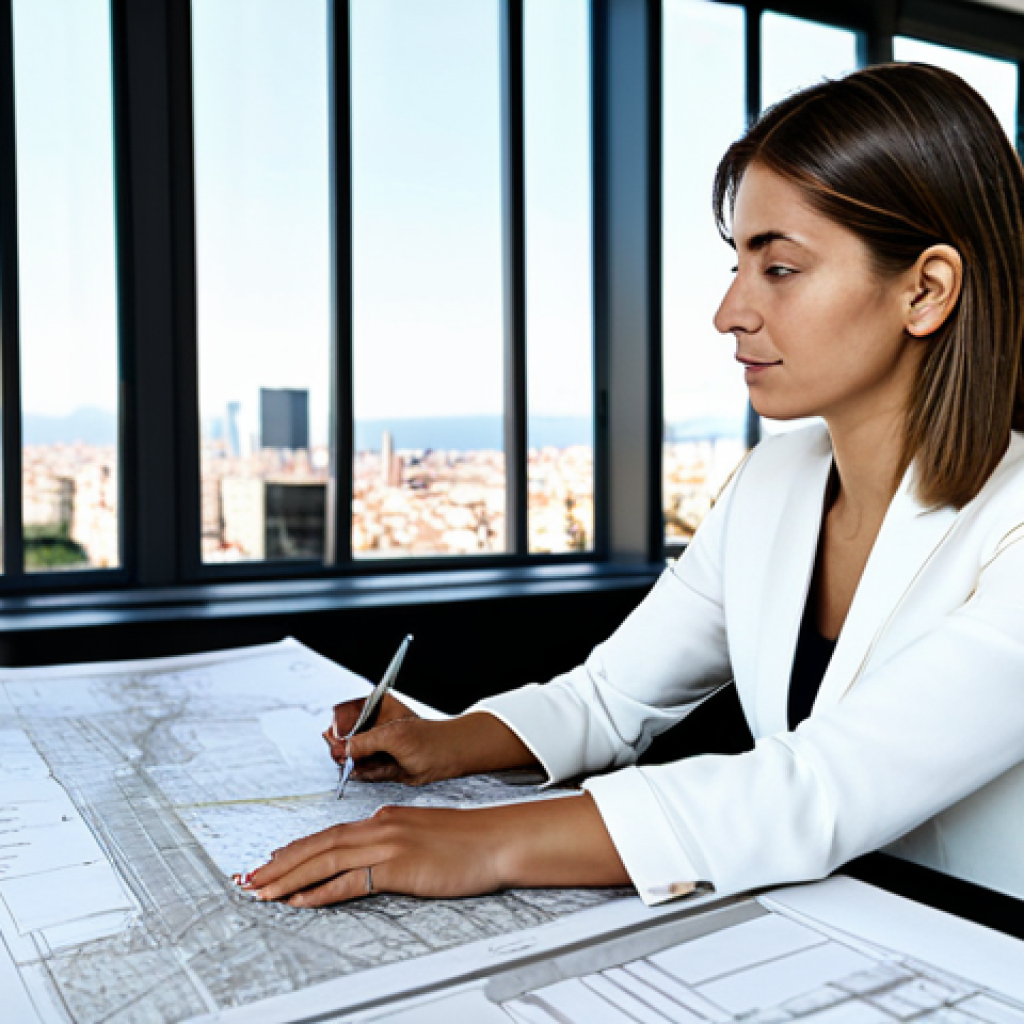 **

"A professional female architect in a modern architectural office in Barcelona, fully clothed in a stylish but modest business outfit, reviewing blueprints with a diverse team. Large windows overlooking the city. Natural lighting. Safe for work, appropriate content, perfect anatomy, correct proportions, professional, family-friendly."

**