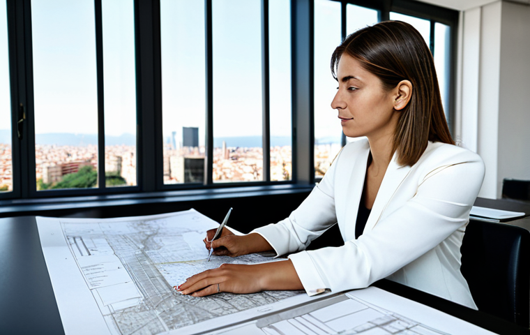 **

"A professional female architect in a modern architectural office in Barcelona, fully clothed in a stylish but modest business outfit, reviewing blueprints with a diverse team. Large windows overlooking the city. Natural lighting. Safe for work, appropriate content, perfect anatomy, correct proportions, professional, family-friendly."

**