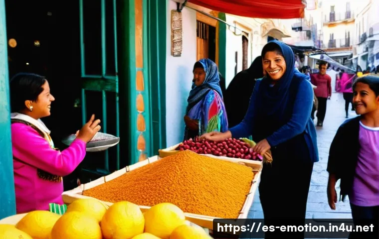 감정전이와 갈등 조정 - **Prompt:** A bustling, vibrant outdoor market scene in a city like Oaxaca or Madrid. The air is fil...