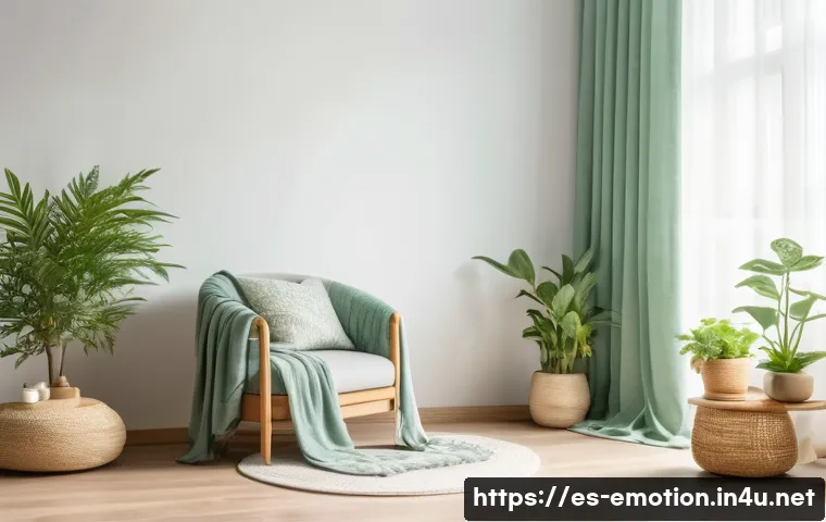 감정전이와 스트레스 해소법 - A serene home meditation corner bathed in soft natural light, featuring a comfortable armchair with ...