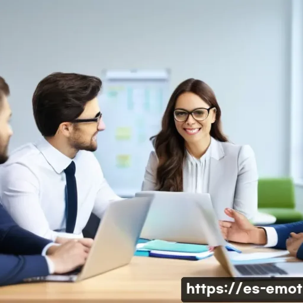 감정전이 직장 내 의사소통 - A modern office scene showing a diverse team of professional adults engaged in a calm and respectful...
