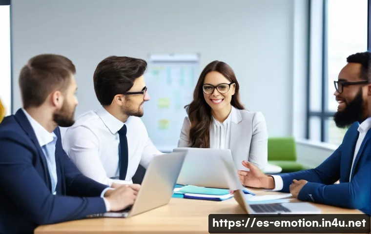 감정전이 직장 내 의사소통 - A modern office scene showing a diverse team of professional adults engaged in a calm and respectful...