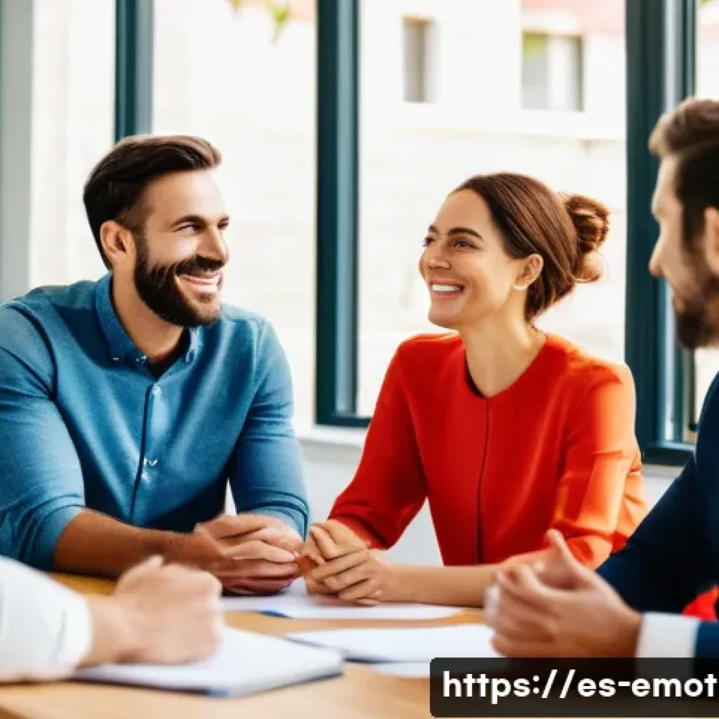 감정전이와 감정 피로 회복 - A warm, diverse group of coworkers in a modern Spanish office setting, engaged in a positive team me...