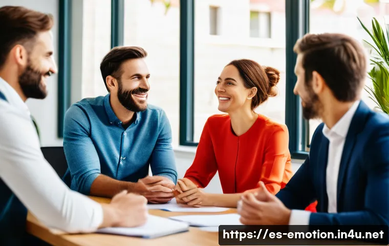 감정전이와 감정 피로 회복 - A warm, diverse group of coworkers in a modern Spanish office setting, engaged in a positive team me...