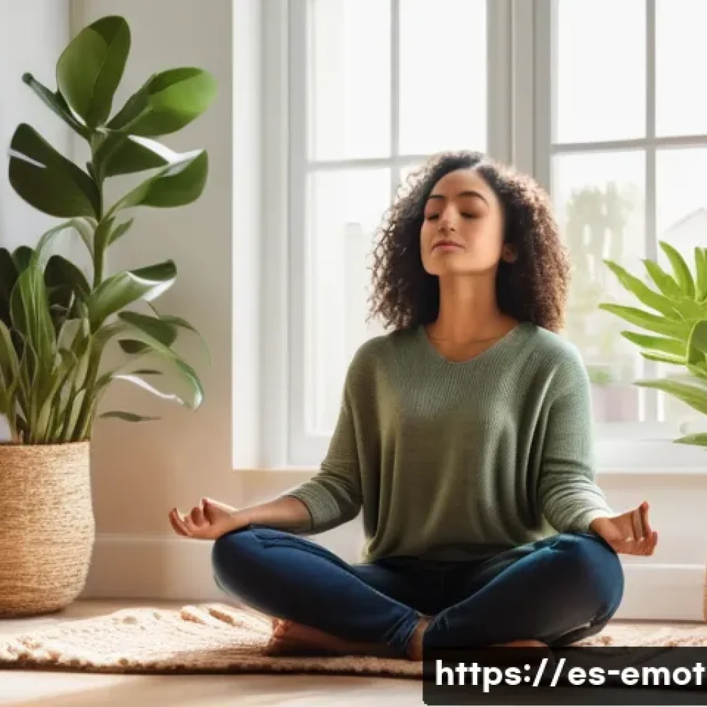 감정전이와 스트레스 감소 전략 - A serene indoor scene depicting a young Hispanic woman practicing conscious breathing meditation in ...