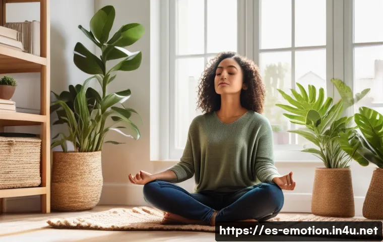 감정전이와 스트레스 감소 전략 - A serene indoor scene depicting a young Hispanic woman practicing conscious breathing meditation in ...