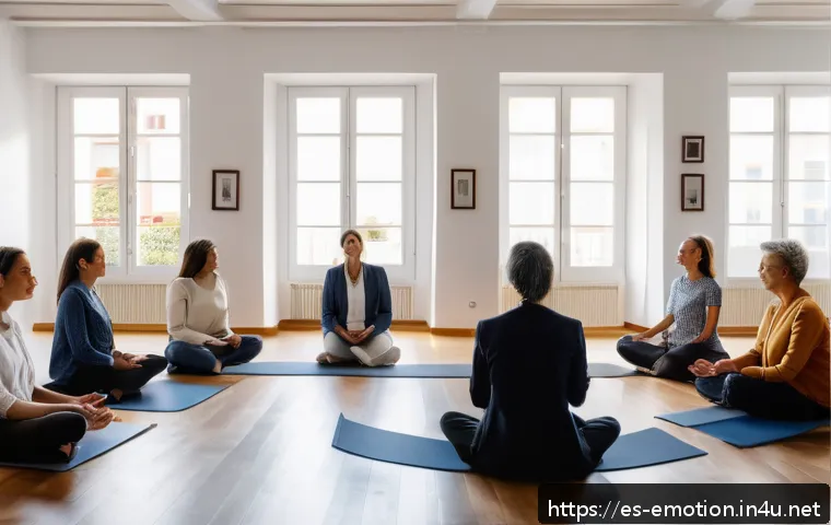 감정전이와 직장 내 스트레스 - A modern office setting in Spain with a diverse group of professionals engaged in a mindfulness and ...