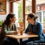 감정전이와 화해 - A warm and intimate scene showing two adult friends engaging in deep, empathetic conversation in a c...