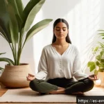 감정전이와 감정 변화를 위한 훈련 - A serene indoor meditation space bathed in soft natural light, featuring a young Hispanic woman sitt...