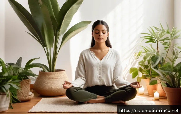 감정전이와 감정 변화를 위한 훈련 - A serene indoor meditation space bathed in soft natural light, featuring a young Hispanic woman sitt...