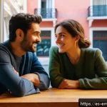 감정전이와 의사소통 기술 - A warm and inviting indoor scene showing two Spanish-speaking adults engaged in a heartfelt conversa...