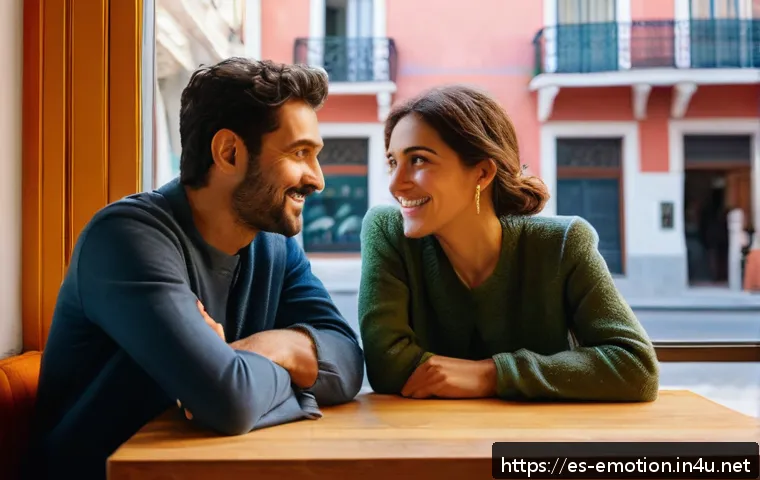 감정전이와 의사소통 기술 - A warm and inviting indoor scene showing two Spanish-speaking adults engaged in a heartfelt conversa...