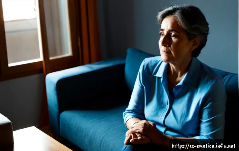 Home 17 감정전이와 우울증 - Photorealistic scene of a middle-aged Spanish woman sitting quietly on a sofa in a sunlit Madrid apa...